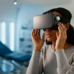 A photorealistic image of a person wearing a VR headset in a modern, clinical therapy room, 35mm portrait, depth of field, controlled lighting.