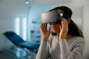 A photorealistic image of a person wearing a VR headset in a modern, clinical therapy room, 35mm portrait, depth of field, controlled lighting.
