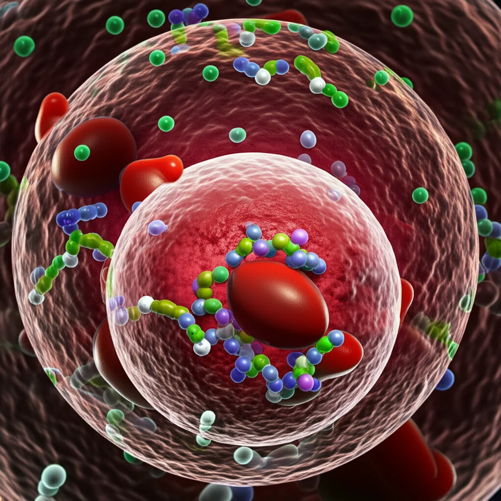 Conceptual image showing a simplified diagram of fructose metabolism in a liver cell with an enzyme being blocked by a molecule, macro lens, 100mm, high detail, controlled lighting.