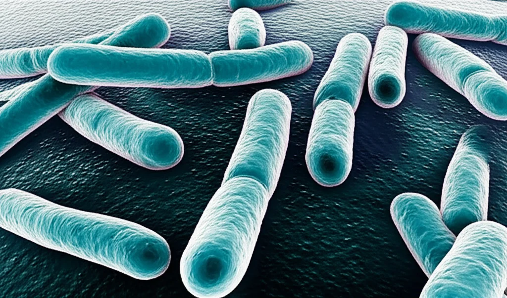 Fotografia macro, 105mm, di spore batteriche probiotiche (Bacillus megaterium) che trasportano antigeni sulla loro superficie, visualizzate in un contesto di laboratorio high-tech, alta definizione, illuminazione controllata, concetto di vaccino orale innovativo per l'acquacoltura.