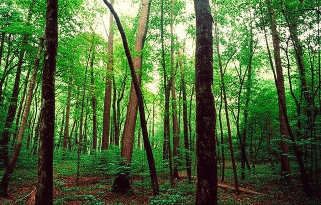 Fotografia paesaggistica di una lussureggiante foresta tropicale di Sal in India, con alberi ad alto fusto e un fitto sottobosco, luce solare che filtra attraverso le foglie, obiettivo grandangolare 10-24mm, messa a fuoco nitida, per illustrare l'ambiente dello studio sul carbonio microbico del suolo.