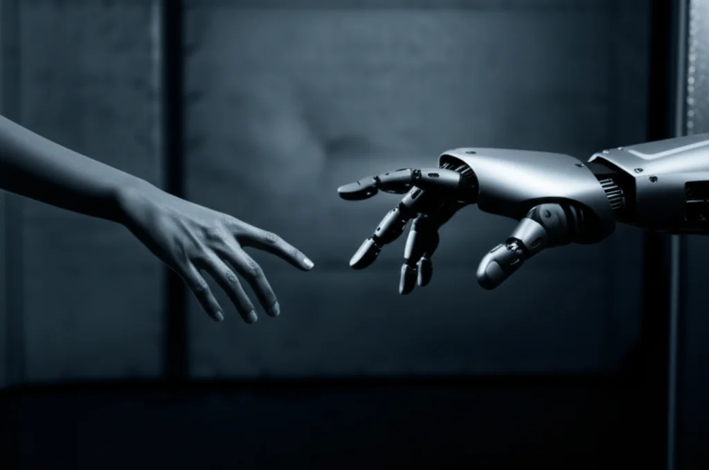 Fotografia realistica, stile film noir, di una mano umana che si protende verso una mano robotica metallica in un ambiente industriale scarsamente illuminato, simboleggiando il concetto di fiducia e interazione tra uomo e robot. Obiettivo 35mm, bianco e nero duotone (nero e ciano), profondità di campo accentuata.