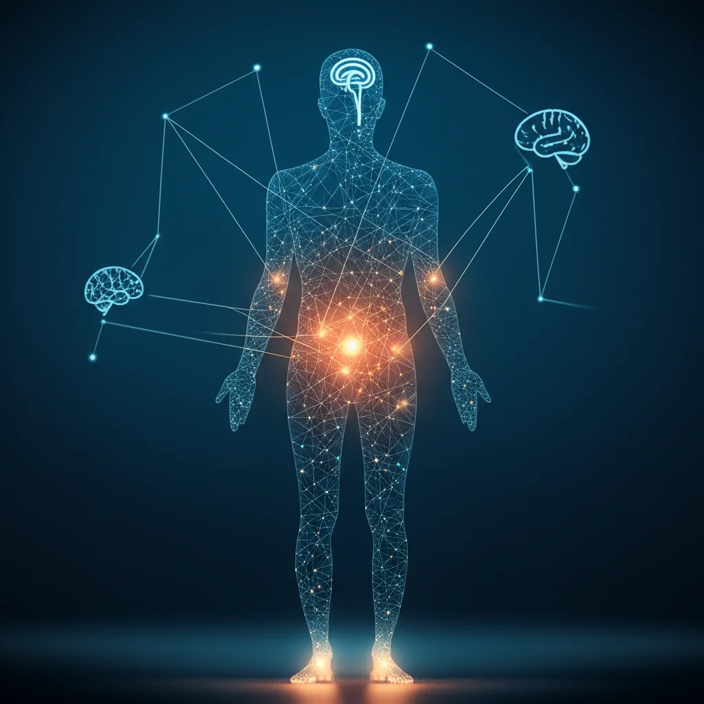 Immagine concettuale, prime lens 35mm, raffigurante una silhouette umana stilizzata con punti luminosi che evidenziano l'area del fegato/cistifellea e una sottile rete che si collega a un'icona del cervello, a simboleggiare il legame tra salute metabolica e funzioni corporee, duotone blu e ambra, profondità di campo.