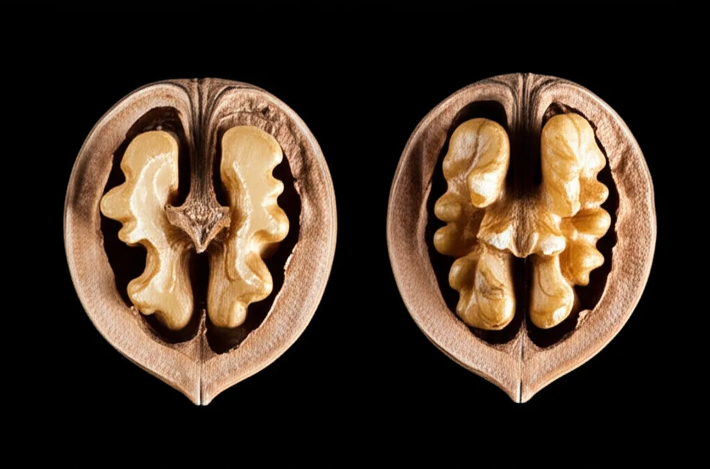 Immagine fotorealistica, obiettivo macro, 105mm, di una noce del Kazakistan spaccata che rivela il suo gheriglio intricato. Una metà rappresenta una forma selvatica, leggermente irregolare, l'altra una forma coltivata, più uniforme. Alto dettaglio, messa a fuoco precisa, illuminazione da studio controllata per evidenziare le texture e il contrasto tra selvatico e coltivato, simboleggiando lo studio genetico.