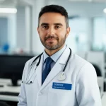 Portrait photography, 35mm prime lens, raffigurante un medico oncologo pensieroso mentre esamina su uno schermo luminoso i grafici comparativi di sopravvivenza di Zanubrutinib e Orelabrutinib, con cartelle cliniche sfocate sullo sfondo, profondità di campo, illuminazione soffusa da studio medico.