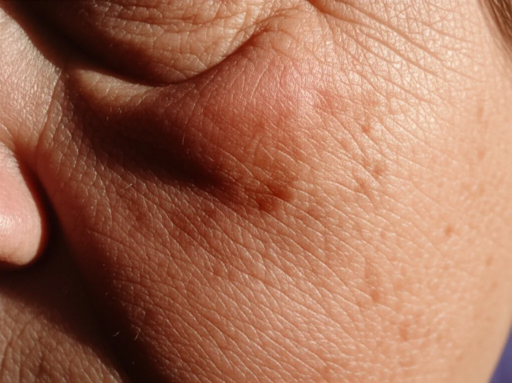 Primo piano della pelle di una persona anziana esposta al sole, con evidenti segni di danno solare come macchie e rughe profonde. Obiettivo macro 60mm, alta definizione, luce naturale calda del tardo pomeriggio, per evidenziare la texture e le imperfezioni della pelle legate all'età e al sole.