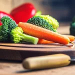 Primo piano macro di verdure fresche e colorate (broccoli, carote, peperoni) su un tagliere di legno rustico, simboleggianti una dieta sana e anti-infiammatoria, con luce laterale controllata e alta definizione per enfatizzare la texture e la freschezza. Obiettivo macro 100mm.