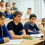 Un gruppo di studenti di infermieristica entusiasti e impegnati in un'aula universitaria moderna, partecipano attivamente a una lezione con il metodo dell'in-class flipped classroom. Alcuni discutono in piccoli gruppi, altri interagiscono con il docente. L'ambiente è luminoso e collaborativo. Prime lens, 35mm, Depth of field, colori vivaci.