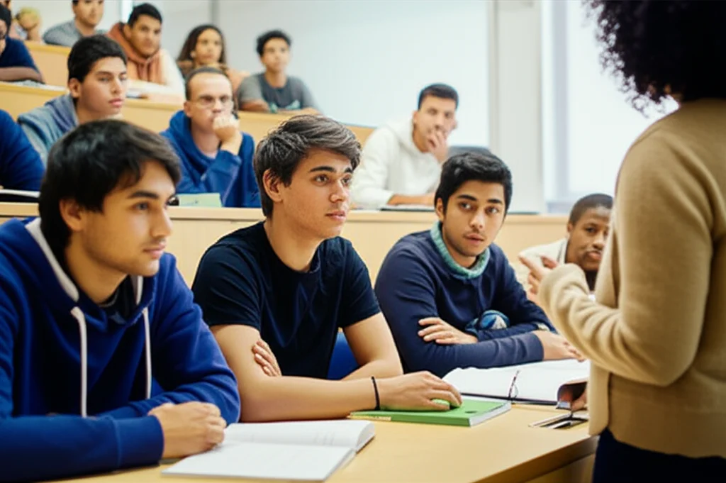 Un gruppo di studenti di infermieristica entusiasti e impegnati in un'aula universitaria moderna, partecipano attivamente a una lezione con il metodo dell'in-class flipped classroom. Alcuni discutono in piccoli gruppi, altri interagiscono con il docente. L'ambiente è luminoso e collaborativo. Prime lens, 35mm, Depth of field, colori vivaci.