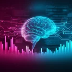 Un'immagine concettuale che mostra un cervello digitale stilizzato con flussi di dati binari (0 e 1) che entrano ed escono, rappresentando l'elaborazione del linguaggio naturale e l'intelligenza artificiale. Sullo sfondo, grafici e diagrammi di flusso che simboleggiano l'analisi dei tweet. Prime lens 35mm, duotone ciano e magenta, depth of field.