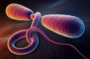 Un'immagine concettuale stilizzata del batterio Helicobacter pylori, visualizzato al microscopio elettronico, con colori vivaci su sfondo scuro per evidenziarne la struttura. Macro lens, 105mm, high detail, illuminazione drammatica per enfatizzare la forma a spirale del batterio.