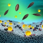 Visualizzazione artistica di un catalizzatore bimetallico SF/NZVI/Ni a livello molecolare, con nanoparticelle di ferro e nichel brillanti adese a una struttura porosa di fumo di silice, mentre interagisce con molecole di biomassa (gusci di noce stilizzati) per produrre goccioline di bio-olio, sfondo verde e blu high-tech, illuminazione dinamica che enfatizza la reazione.