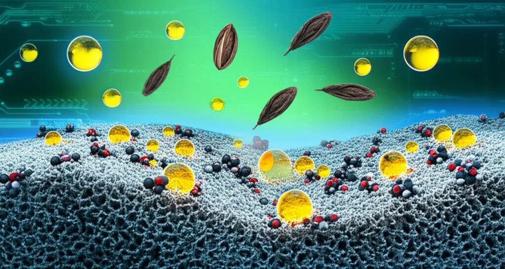 Visualizzazione artistica di un catalizzatore bimetallico SF/NZVI/Ni a livello molecolare, con nanoparticelle di ferro e nichel brillanti adese a una struttura porosa di fumo di silice, mentre interagisce con molecole di biomassa (gusci di noce stilizzati) per produrre goccioline di bio-olio, sfondo verde e blu high-tech, illuminazione dinamica che enfatizza la reazione.