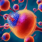 Visualizzazione artistica e fotorealistica di cellule tumorali della vescica in progressione, con la proteina ALG3 (evidenziata in rosso) che attiva la via di segnalazione TNF (rappresentata da segnali luminosi gialli) e modifica la proteina CD44 sulla membrana cellulare (in blu). Obiettivo prime 35mm, effetto profondità di campo, toni blu scuro e rosso/giallo duotone per un look scientifico ma drammatico.