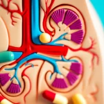 Fotografia macro di capsule di probiotici colorate e vibranti su uno sfondo sfocato di un modello anatomico di reni, obiettivo macro 100mm, alta definizione, illuminazione da studio controllata, a simboleggiare il legame tra probiotici e salute renale.