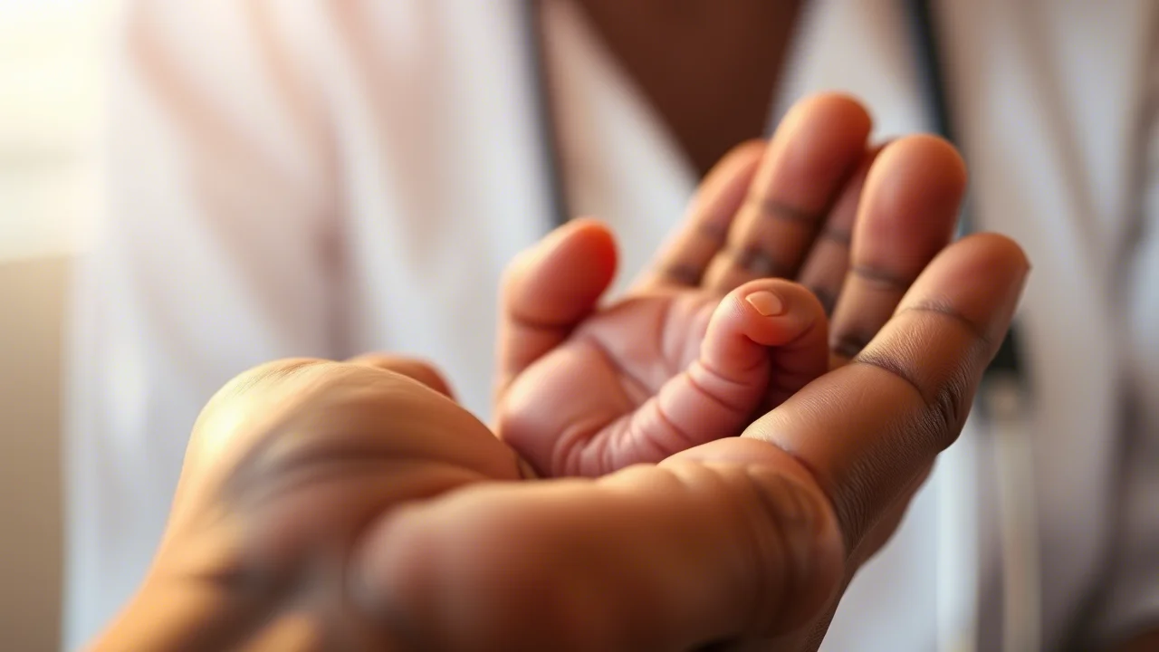 Fotografia realistica e toccante di una mano adulta che tiene delicatamente la manina di un neonato africano, simbolo di cura e speranza per il futuro della mortalità infantile in Africa Occidentale, luce soffusa e calda del tramonto, obiettivo macro 60mm, alta definizione, messa a fuoco selettiva sulla manina, sfondo leggermente sfocato che suggerisce un ambiente clinico o domestico pulito.