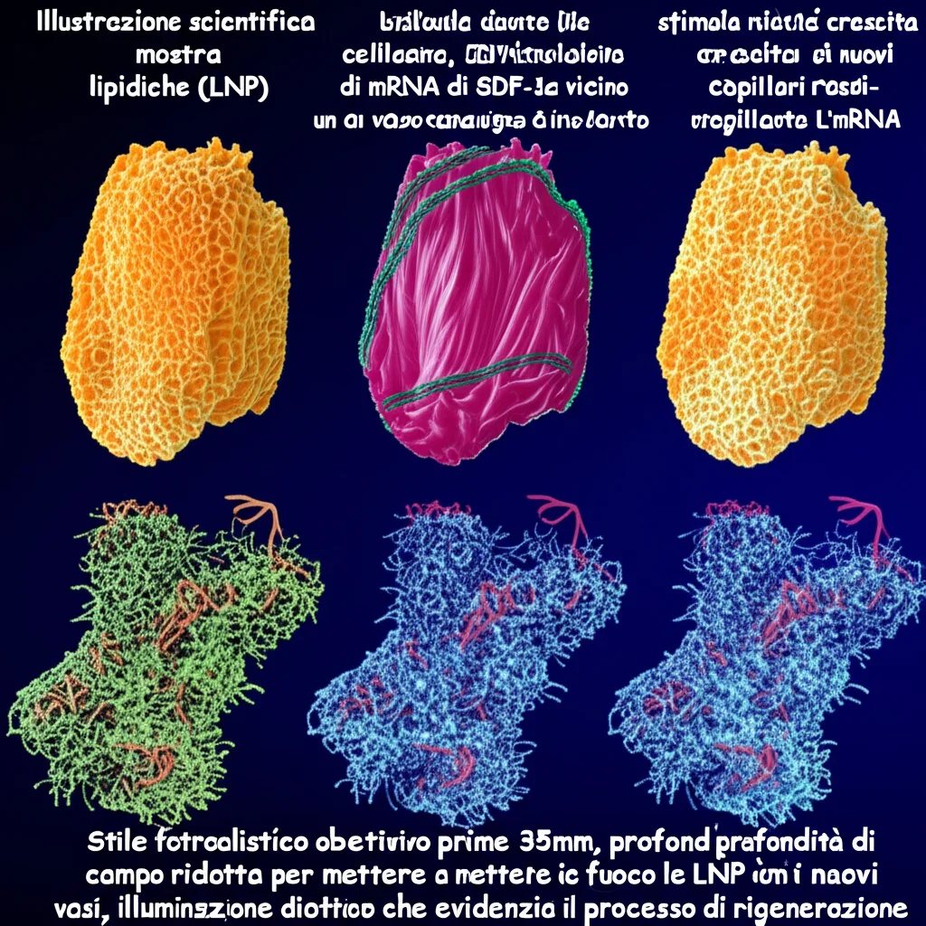 Illustrazione scientifica concettuale che mostra nanoparticelle lipidiche (LNP) sferiche che rilasciano molecole di mRNA di SDF-1α vicino a un vaso sanguigno danneggiato in un arto con segni di ischemia. L'mRNA entra nelle cellule endoteliali stimolando la crescita di nuovi capillari rossi brillanti che si diramano dal vaso principale. Stile fotorealistico, obiettivo prime 35mm, profondità di campo ridotta per mettere a fuoco le LNP e i nuovi vasi, illuminazione drammatica che evidenzia il processo di rigenerazione.