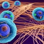 Immagine concettuale astratta che mostra cellule T regolatorie (Treg) con marcatori KLRG1 fluorescenti che si accumulano in un ambiente tissutale che simboleggia l'invecchiamento, con mitocondri stilizzati visibili all'interno delle cellule, alcuni dei quali appaiono alterati. Colori caldi e freddi in duotono (es. blu e arancione), profondità di campo.