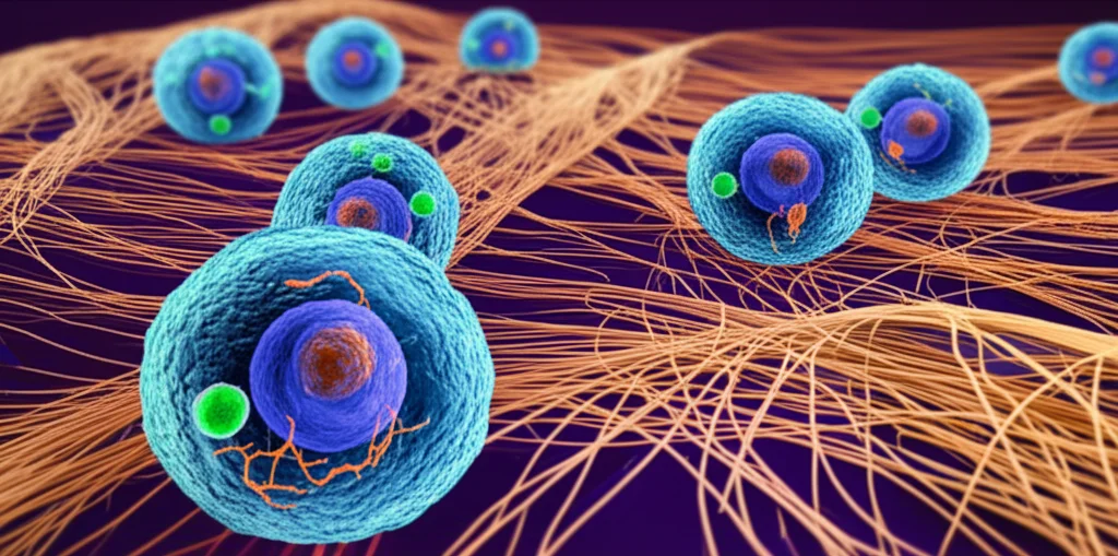 Immagine concettuale astratta che mostra cellule T regolatorie (Treg) con marcatori KLRG1 fluorescenti che si accumulano in un ambiente tissutale che simboleggia l'invecchiamento, con mitocondri stilizzati visibili all'interno delle cellule, alcuni dei quali appaiono alterati. Colori caldi e freddi in duotono (es. blu e arancione), profondità di campo.