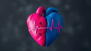 Immagine concettuale che rappresenta la disparità di genere nella salute del cuore. Un cuore stilizzato diviso a metà, una parte blu scuro (maschile) e una rosa acceso (femminile), con linee grafiche simili a un elettrocardiogramma sovrapposte su entrambe le metà. Macro lens 60mm, high detail sul cuore e sulle linee ECG, controlled lighting drammatica che enfatizza la divisione, sfondo grigio neutro sfocato.