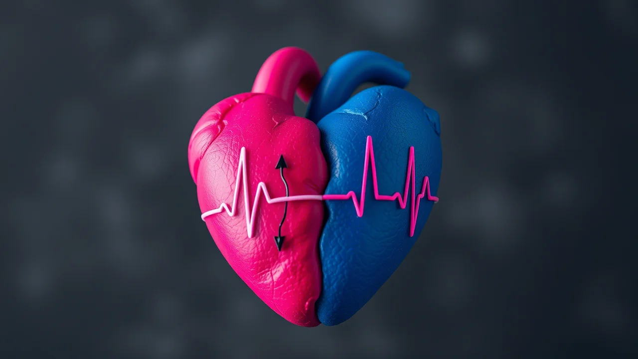 Immagine concettuale che rappresenta la disparità di genere nella salute del cuore. Un cuore stilizzato diviso a metà, una parte blu scuro (maschile) e una rosa acceso (femminile), con linee grafiche simili a un elettrocardiogramma sovrapposte su entrambe le metà. Macro lens 60mm, high detail sul cuore e sulle linee ECG, controlled lighting drammatica che enfatizza la divisione, sfondo grigio neutro sfocato.