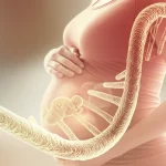 Immagine concettuale di una madre incinta vista di profilo con una sovrapposizione digitale traslucida di una doppia elica di DNA che si estende dal suo grembo verso un neonato stilizzato, simboleggiando l'eredità epigenetica e il legame madre-figlio, colori caldi e tenui (toni pesca e oro), stile fotografico realistico con elementi grafici sovrapposti.