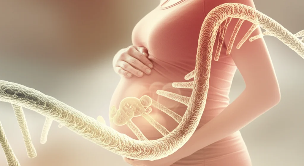 Immagine concettuale di una madre incinta vista di profilo con una sovrapposizione digitale traslucida di una doppia elica di DNA che si estende dal suo grembo verso un neonato stilizzato, simboleggiando l'eredità epigenetica e il legame madre-figlio, colori caldi e tenui (toni pesca e oro), stile fotografico realistico con elementi grafici sovrapposti.