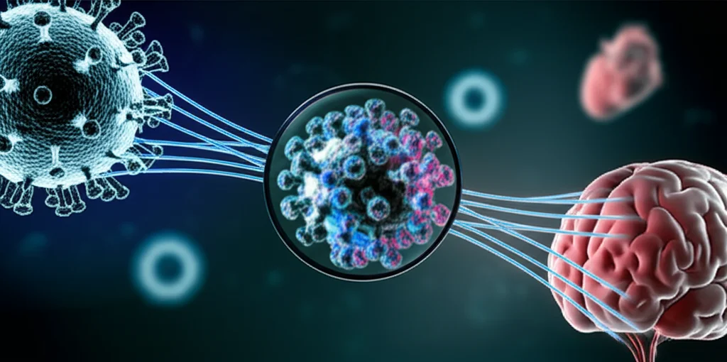 Immagine concettuale fotorealistica che illustra la connessione tra COVID-19, infarto miocardico e ictus ischemico. Visualizzazione di una molecola di proteina S100A12 al centro, con filamenti luminosi che la collegano a rappresentazioni stilizzate di un virus, un cuore e un cervello. Utilizzo di una lente prime da 35mm, con effetto duotone blu e grigio scuro, profondità di campo per mettere a fuoco la molecola centrale.