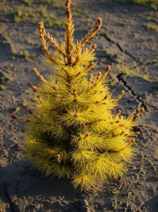 Immagine fotorealistica di un giovane larice (Larix) che mostra segni di stress da siccità, con aghi leggermente ingialliti, su uno sfondo di terreno arido. Obiettivo prime, 35mm, con una leggera profondità di campo per mettere a fuoco l'albero e sfocare lo sfondo, luce naturale del tardo pomeriggio che crea lunghe ombre.