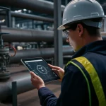 Immagine fotorealistica di un ingegnere che ispeziona un gasdotto utilizzando un tablet che mostra un'interfaccia AI avanzata per il rilevamento di difetti, obiettivo 35mm, profondità di campo, illuminazione industriale controllata.