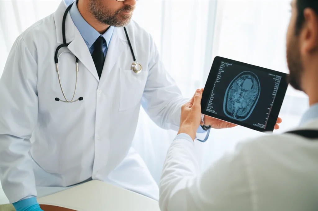 Immagine fotorealistica di un medico che discute i risultati di una RM prostatica con un paziente maschio di mezza età in un ambiente clinico moderno e rassicurante. Sul tablet che il medico tiene in mano, è visibile un'interfaccia AI che evidenzia aree sospette sulla scansione RM. Obiettivo prime 50mm, luce naturale morbida che entra da una finestra, profondità di campo che mantiene a fuoco medico e paziente sfocando leggermente lo sfondo.