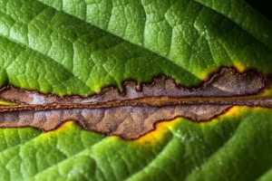 Macro photograph of a plant leaf showing distinct disease symptoms, 100mm Macro lens, high detail, precise focusing, controlled lighting.