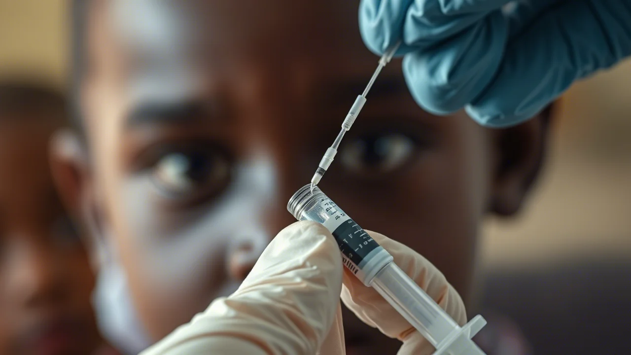 Primo piano di una siringa con vaccino pronta per l'uso, tenuta da una mano guantata di un operatore sanitario. Sullo sfondo, sfocato, un bambino etiope che guarda con un misto di curiosità e apprensione. L'illuminazione è controllata, quasi da studio, per enfatizzare il vaccino. Macro lens, 80mm, high detail, precise focusing.