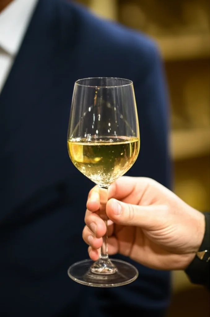 Primo piano macro (obiettivo 100mm) di un bicchiere di vino bianco perfettamente limpido tenuto in mano da un enologo in una cantina moderna, luce controllata, alta definizione, focus sul vino.