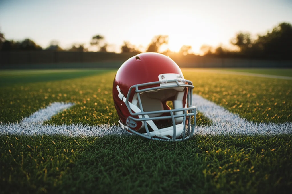 Un casco da football americano appoggiato sull'erba di un campo da gioco vuoto al tramonto, simbolo della carriera sportiva e delle domande sulla salute a lungo termine. Landscape wide-angle 24mm, sharp focus, depth of field, luce calda del tramonto.