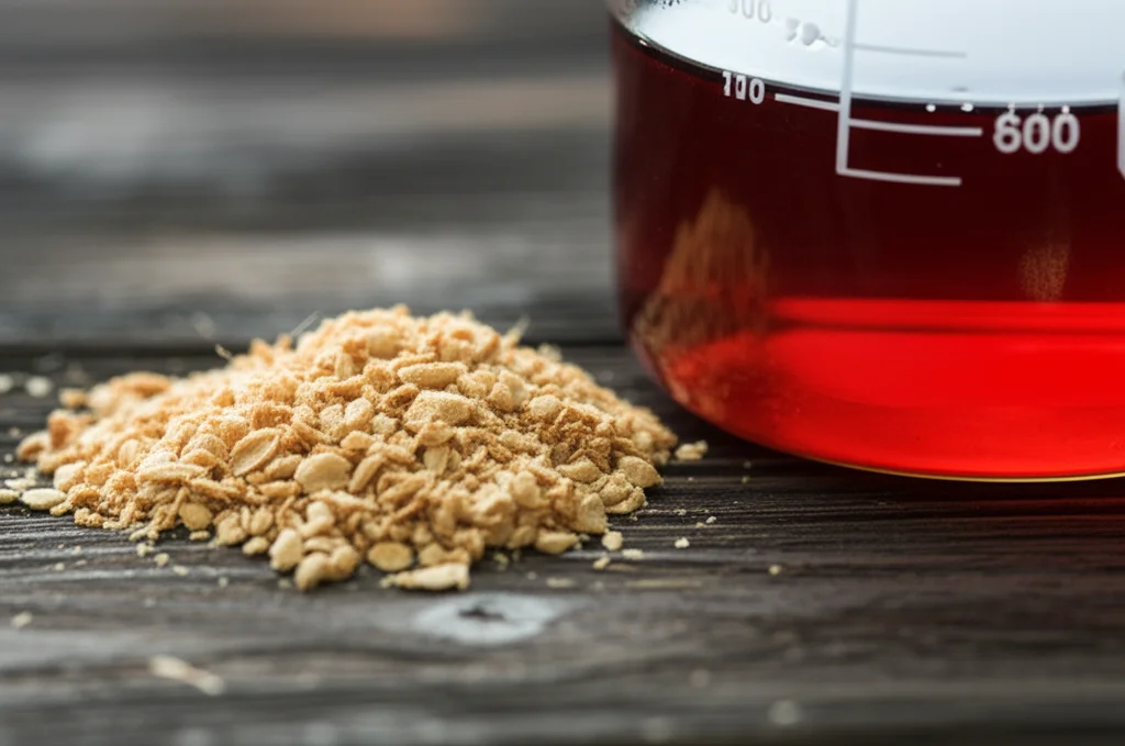 Un mucchietto di gusci di arachide puliti e frantumati su una superficie rustica in legno scuro, accanto a un becher da laboratorio in vetro trasparente contenente un fluido di perforazione marrone dall'aspetto denso. Luce naturale soffusa laterale che crea ombre morbide, obiettivo macro 60mm, alta definizione, focus preciso sulla texture fibrosa dei gusci e sulla consistenza del fluido, sfondo leggermente sfocato per dare profondità.