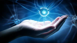Un'immagine concettuale fotorealistica che simboleggia la speranza nella ricerca sulla SLA: una mano che protegge delicatamente una cellula neurale luminosa, con uno sfondo astratto che richiama le connessioni neurali. Prime lens, 35mm, depth of field, duotone blu e grigio.