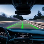 Visione dinamica da un'auto in movimento su un'autostrada al crepuscolo, con il sistema CCHA-Net che evidenzia in modo vivido e preciso le linee della corsia sul parabrezza o su un display HUD. Le luci delle altre auto creano scie luminose. Obiettivo prime, 35mm, per un look cinematografico, profondità di campo per mantenere a fuoco sia la strada che le informazioni del HUD, con un leggero motion blur per dare il senso della velocità.