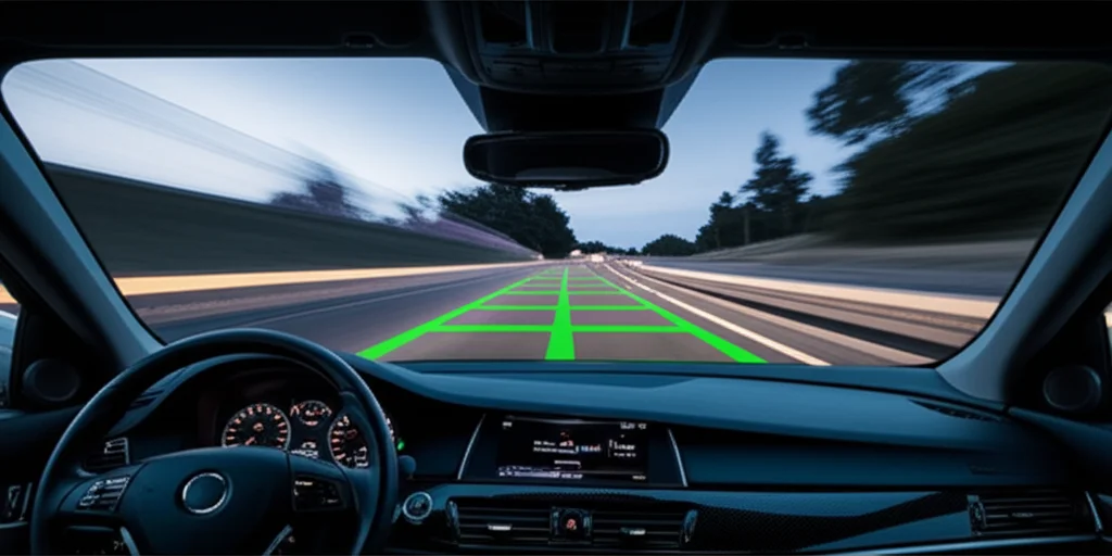 Visione dinamica da un'auto in movimento su un'autostrada al crepuscolo, con il sistema CCHA-Net che evidenzia in modo vivido e preciso le linee della corsia sul parabrezza o su un display HUD. Le luci delle altre auto creano scie luminose. Obiettivo prime, 35mm, per un look cinematografico, profondità di campo per mantenere a fuoco sia la strada che le informazioni del HUD, con un leggero motion blur per dare il senso della velocità.