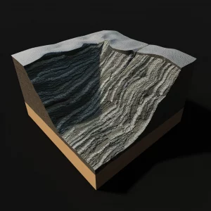 Visualizzazione 3D fotorealistica di strati geologici complessi in una miniera di carbone, con faglie e pieghe illuminate. Obiettivo grandangolare 10mm per mostrare l'ampiezza, messa a fuoco nitida, illuminazione drammatica per evidenziare le strutture tettoniche.