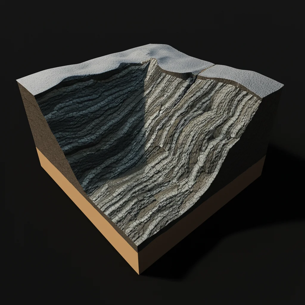 Visualizzazione 3D fotorealistica di strati geologici complessi in una miniera di carbone, con faglie e pieghe illuminate. Obiettivo grandangolare 10mm per mostrare l'ampiezza, messa a fuoco nitida, illuminazione drammatica per evidenziare le strutture tettoniche.