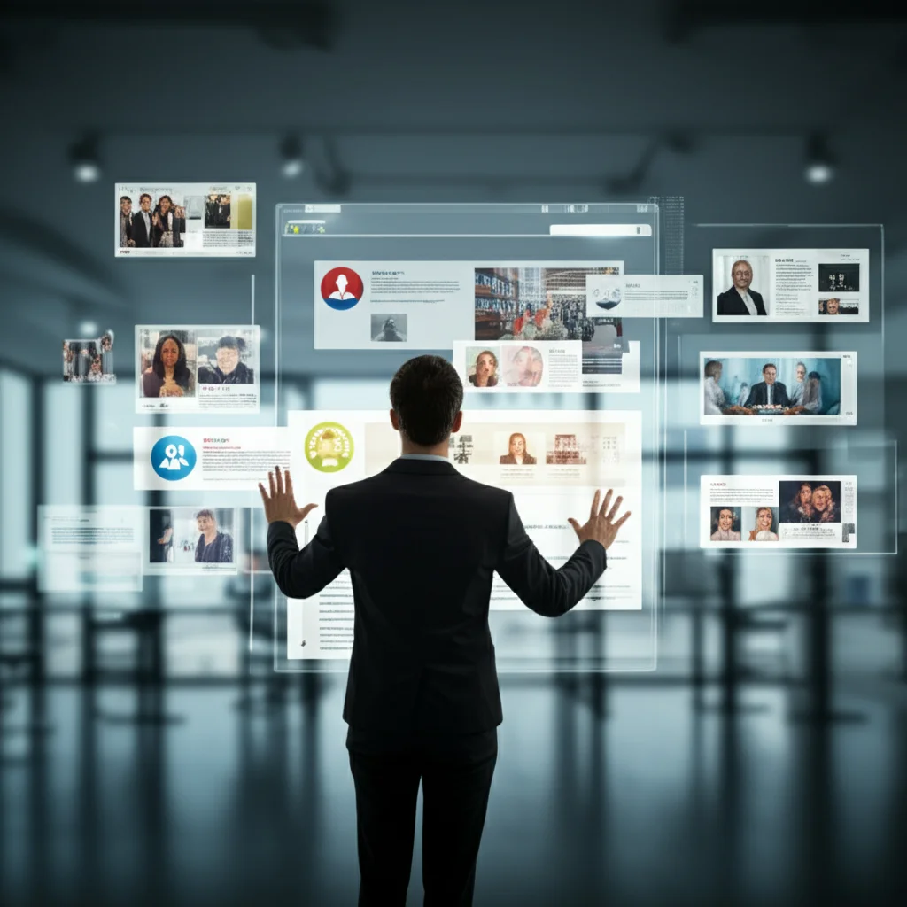 A professional person interacting with digital profiles on a screen, symbolizing the process of cybervetting for personnel selection, 35mm portrait, depth of field, professional setting.