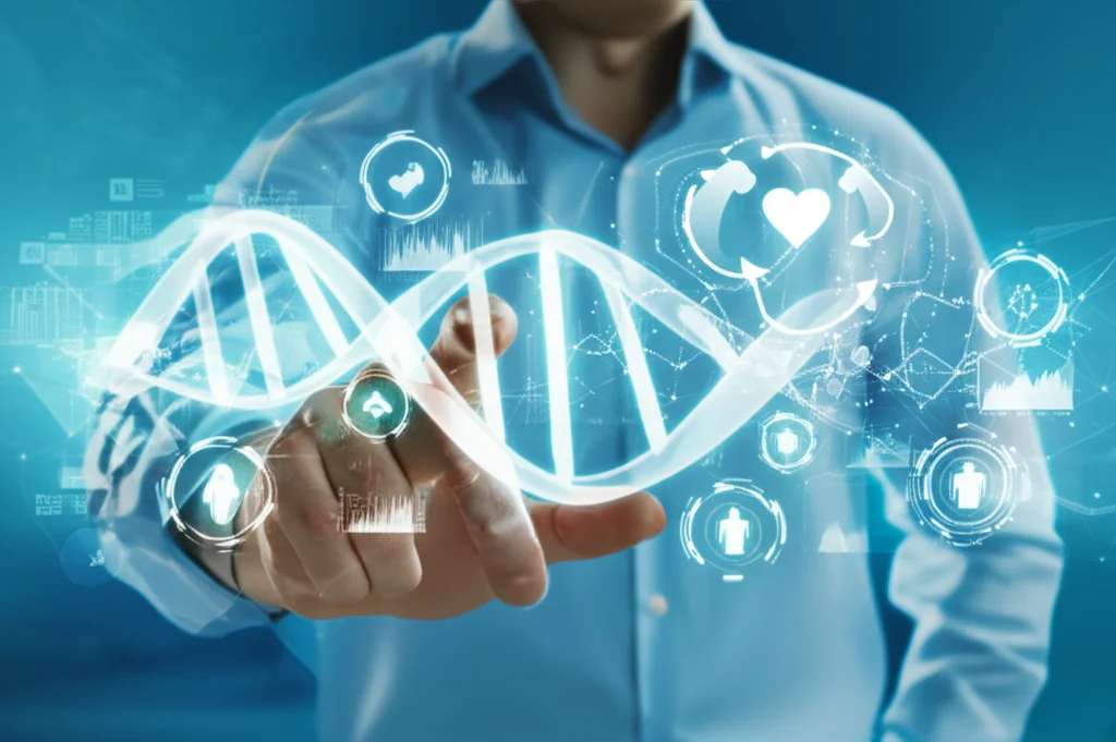 Conceptual image representing male health markers and data analysis, photorealistic, controlled lighting.