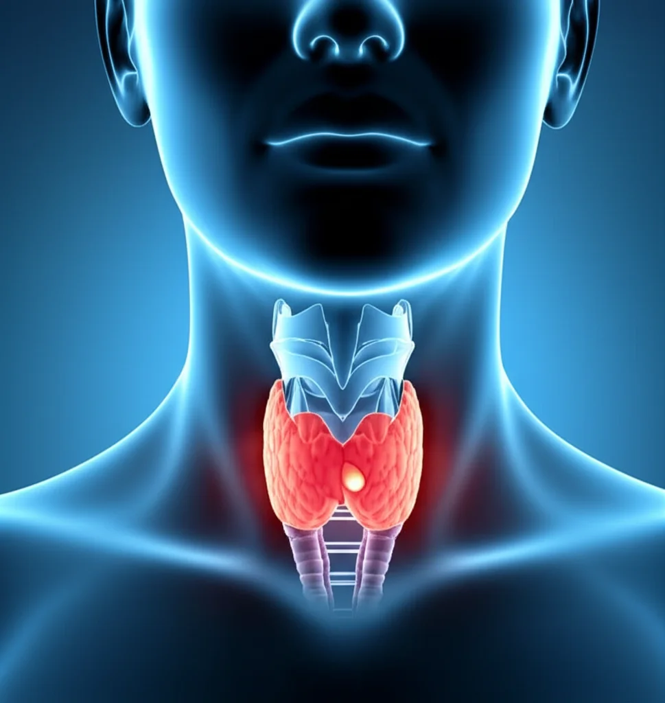 Illustrazione medica dettagliata della ghiandola tiroidea umana nel collo, con evidenziati alcuni noduli. Uno dei noduli ha un aspetto leggermente diverso per suggerire una potenziale malignità. Sfondo neutro. Illuminazione morbida da studio.