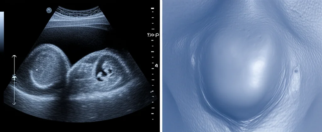 Immagine composita che mostra a sinistra un'ecografia di un nodulo tiroideo e a destra una visualizzazione 3D stilizzata della procedura di ablazione a microonde con iniezione di polidocanolo. Obiettivo zoom 24-35mm, illuminazione da studio che enfatizza la tecnologia medica, colori blu e grigio duotone per un look moderno e scientifico.
