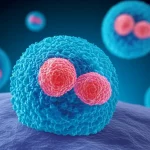 Immagine concettuale di un farmaco innovativo, come Surufatinib, che agisce a livello cellulare contro le cellule tumorali, con un focus sulla precisione e l'innovazione scientifica. Macro lens, 80mm, illuminazione da studio, alta definizione, sfondo astratto che richiama la biologia molecolare.