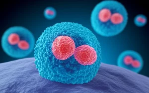 Immagine concettuale di un farmaco innovativo, come Surufatinib, che agisce a livello cellulare contro le cellule tumorali, con un focus sulla precisione e l'innovazione scientifica. Macro lens, 80mm, illuminazione da studio, alta definizione, sfondo astratto che richiama la biologia molecolare.