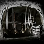 Immagine fotorealistica di un sistema di supporto con tubi avanzati installato all'imbocco di una galleria mineraria. Si vedono i tubi d'acciaio che sporgono dalla roccia sopra un'armatura metallica a U. Luce da cantiere che illumina la scena. Obiettivo 35mm, profondità di campo che sfoca leggermente lo sfondo della galleria.