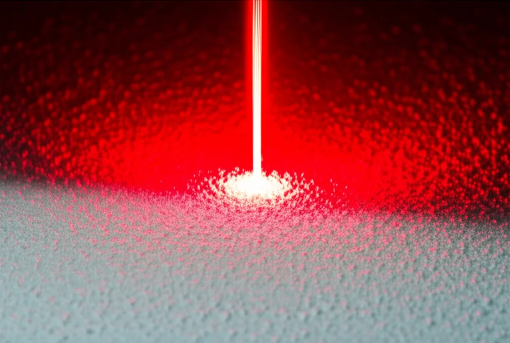 Immagine macro di polvere bianca di PBT (polibutilene tereftalato) illuminata da un raggio laser rosso focalizzato, pronta per la fusione in un processo di stampa 3D a letto di polvere. Dettaglio elevato, illuminazione controllata, obiettivo macro da 100mm, che mostra la texture della polvere e l'interazione con il laser, sfondo scuro per far risaltare il processo.