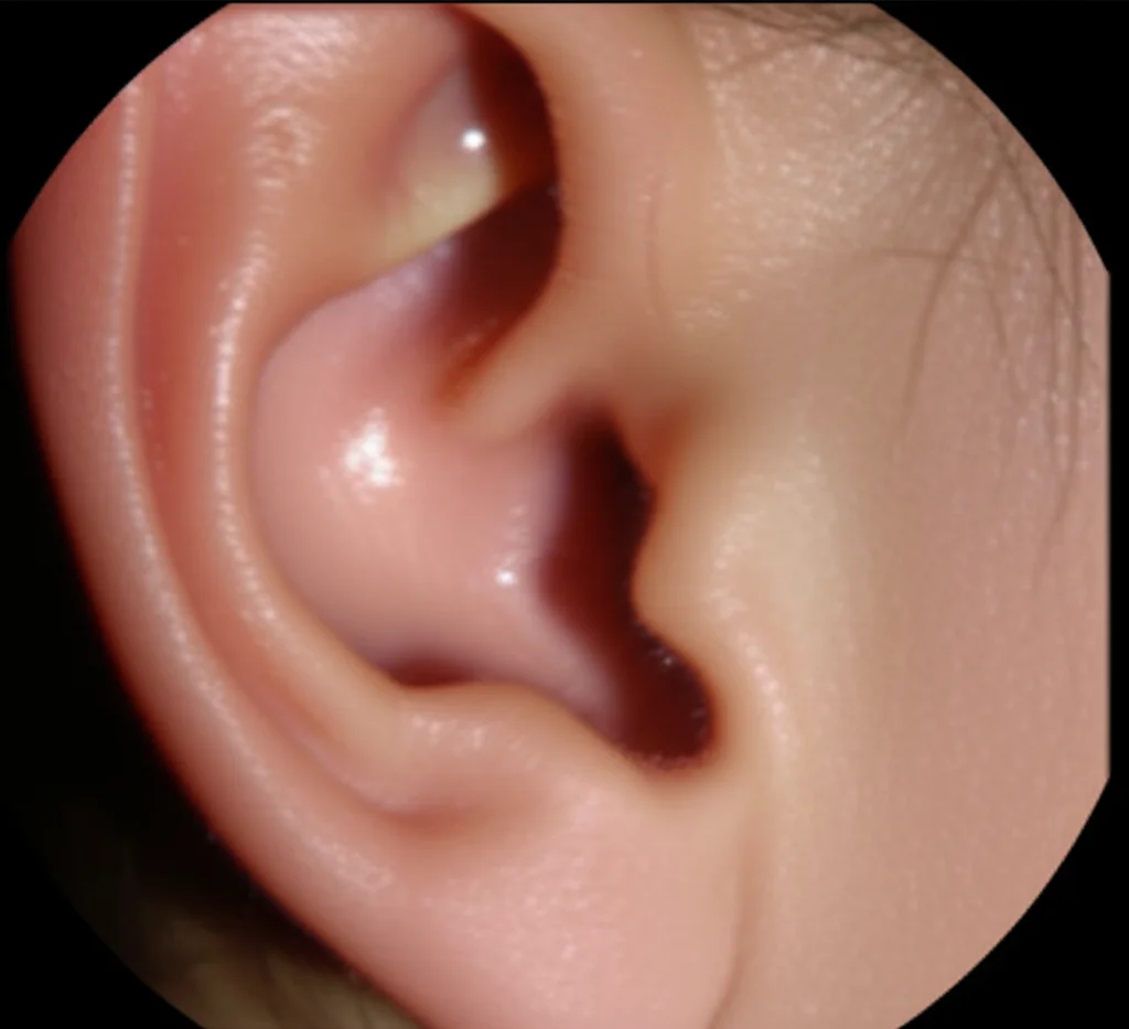 Immagine macrofotografica dettagliata di un orecchio medio umano che mostra un versamento (liquido) dietro il timpano intatto, simbolo dell'otite media effusiva (OME). Obiettivo macro 90mm, illuminazione laterale controllata per evidenziare la texture del liquido e del timpano, alta risoluzione, messa a fuoco precisa.